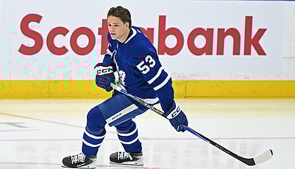 NHL: Easton Cowan, Toronto Maple Leafs rookie forward, skates during pregame warmup