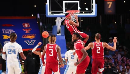 Nov 24, 2023; Paradise Island, BAHAMAS;  Arkansas Razorbacks guard Layden Blocker (6) dunks during the first half against the North Carolina Tar Heels at Imperial Arena. Mandatory Credit: Kevin Jairaj-USA TODAY Sports