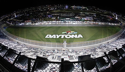 Jan 28, 2023; Daytona Beach, FL, USA;  A birds eye view of the track during the Rolex 24 Hour auto race at Daytona International Speedway. Mandatory Credit: Reinhold Matay-USA TODAY Sports