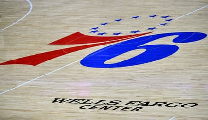 Jan 22, 2021; Philadelphia, Pennsylvania, USA; Philadelphia 76ers logo on the court against the Boston Celtics at Wells Fargo Center. Mandatory Credit: Eric Hartline-USA TODAY Sports