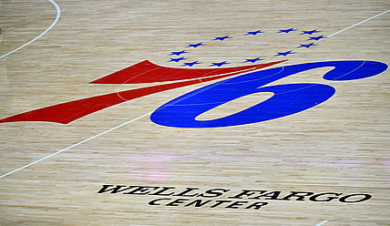 Jan 22, 2021; Philadelphia, Pennsylvania, USA; Philadelphia 76ers logo on the court against the Boston Celtics at Wells Fargo Center. Mandatory Credit: Eric Hartline-USA TODAY Sports