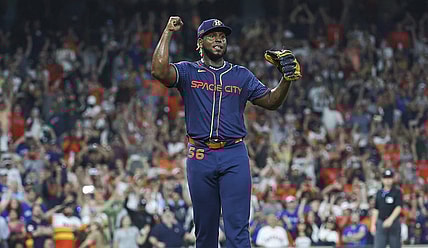 Apr 1, 2024; Houston, Texas, USA; Houston Astros starting pitcher Ronel Blanco (56) reacts after pitching a no-hitter against the Toronto Blue Jays at Minute Maid Park. Mandatory Credit: Troy Taormina-USA TODAY Sports