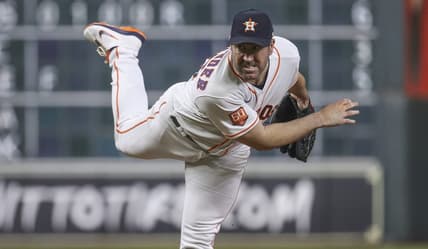 Oct 4, 2022; Houston, Texas, USA; Houston Astros starting pitcher Justin Verlander (35) delivers a pitch during the fifth inning against the Philadelphia Phillies at Minute Maid Park. Mandatory Credit: Troy Taormina-USA TODAY Sports