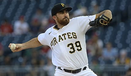 Jul 28, 2022; Pittsburgh, Pennsylvania, USA;  Pittsburgh Pirates starting pitcher Zach Thompson (39) delivers a pitch against the Philadelphia Phillies during the first inning at PNC Park. Mandatory Credit: Charles LeClaire-USA TODAY Sports