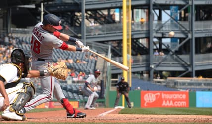 Sep 12, 2021; Pittsburgh, Pennsylvania, USA;  Washington Nationals center fielder Lane Thomas (28) hits a three run home run against the Pittsburgh Pirates during the fourth inning at PNC Park. Mandatory Credit: Charles LeClaire-USA TODAY Sports