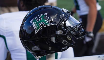 Nov 27, 2021; Laramie, Wyoming, USA; A general view of the Hawaii Rainbow Warriors football helmet during a game against the Wyoming Cowboys at Jonah Field at War Memorial Stadium. Mandatory Credit: Troy Babbitt-USA TODAY Sports