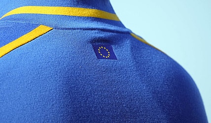 Sep 24, 2021; Haven, Wisconsin, USA; The European flag on Team Europe player Lee Westwood shirt seen on the 15th green during day one four-ball rounds for the 43rd Ryder Cup golf competition at Whistling Straits. Mandatory Credit: Michael Madrid-USA TODAY Sports
