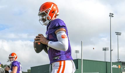 Clemson quarterback D.J. Uiagalelei (5) warms up during practice in Clemson Friday, August 12, 2022.

Clemson Football Photos From Aug 12 Practice Before Sept 5 Opener