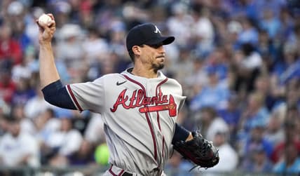 Apr 14, 2023; Kansas City, Missouri, USA; Atlanta Braves starting pitcher Charlie Morton (50) delivers a pitch against the Kansas City Royals in the first inning at Kauffman Stadium. Mandatory Credit: Denny Medley-USA TODAY Sports