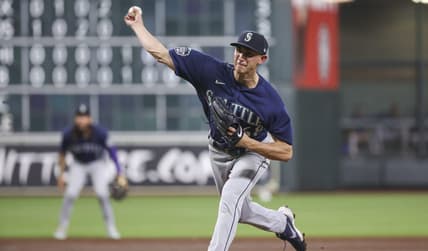 Jul 6, 2023; Houston, Texas, USA; Seattle Mariners starting pitcher George Kirby (68) delivers a pitch during the second inning against the Houston Astros at Minute Maid Park. Mandatory Credit: Troy Taormina-USA TODAY Sports