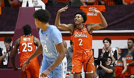 Dec 4, 2022; Blacksburg, Virginia, USA; Virginia Tech Hokies guard Michael Collins Jr. (2) reacts to his first half basket against the North Carolina Tar Heels at Cassell Coliseum. Mandatory Credit: Lee Luther Jr.-USA TODAY Sports