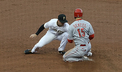 May 11, 2021; Pittsburgh, Pennsylvania, USA; Pittsburgh Pirates shortstop Kevin Newman (L) tags out Cincinnati Reds second baseman Nick Senzel (15) attempting to steal second base during the third inning at PNC Park. Mandatory Credit: Charles LeClaire-USA TODAY Sports