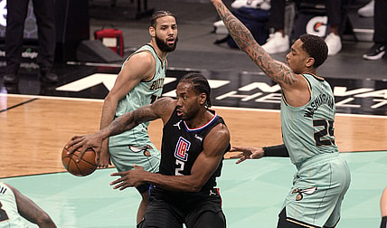 May 13, 2021; Charlotte, North Carolina, USA; Los Angeles Clippers guard forward Kawhi Leonard (2) passes the ball during the first half against the Charlotte Hornets at the Spectrum Center. Mandatory Credit: Sam Sharpe-USA TODAY Sports