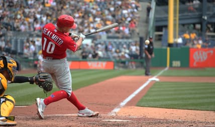 Aug 1, 2021; Pittsburgh, Pennsylvania, USA; Philadelphia Phillies catcher J.T. Realmuto (10) hits an RBI double against the Pittsburgh Pirates during the fifth inning at PNC Park. Mandatory Credit: Charles LeClaire-USA TODAY Sports