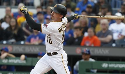 Jun 9, 2023; Pittsburgh, Pennsylvania, USA;  Pittsburgh Pirates left fielder Bryan Reynolds (10) hits a single against the New York Mets during the first inning at PNC Park. Mandatory Credit: Charles LeClaire-USA TODAY Sports
