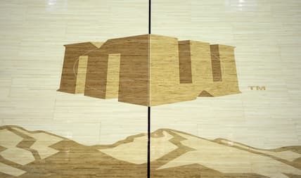 Mar 5, 2020; Las Vegas, Nevada, USA; A detailed view of the midcourt logo during the first half of a Mountain West Conference tournament game between the UNLV Rebels and Boise State Broncos at Thomas Mack Center. Mandatory Credit: Orlando Ramirez-USA TODAY Sports