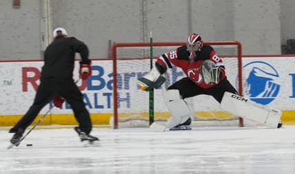 Newark, NJ July 11, 2023 --   Goalie, Jakub Malek participates in the NJ Devils 2023 Development Camp for young players and