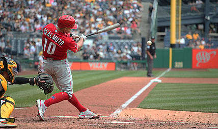 Aug 1, 2021; Pittsburgh, Pennsylvania, USA; Philadelphia Phillies catcher J.T. Realmuto (10) hits an RBI double against the Pittsburgh Pirates during the fifth inning at PNC Park. Mandatory Credit: Charles LeClaire-USA TODAY Sports