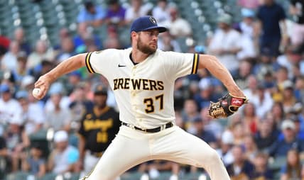 Aug 3, 2023; Milwaukee, Wisconsin, USA; Milwaukee Brewers starting pitcher Adrian Houser (37) delivers a pitch in the first inning against the Pittsburgh Pirates at American Family Field. Mandatory Credit: Michael McLoone-USA TODAY Sports