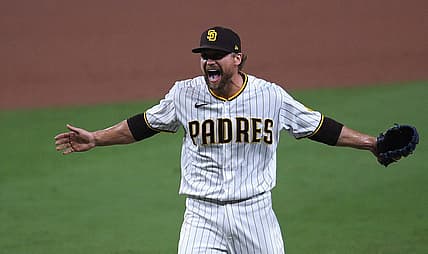 Oct 2, 2020; San Diego, California, USA; San Diego Padres relief pitcher Trevor Rosenthal (47) reacts after the Padres defeated the St. Louis Cardinals at Petco Park. Mandatory Credit: Orlando Ramirez-USA TODAY Sports