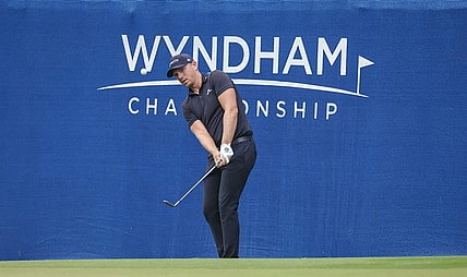 Aug 3, 2023; Greensboro, North Carolina, USA; Matt Wallace plays on the fifteenth green during the first round of the Wyndham Championship golf tournament. Mandatory Credit: David Yeazell-USA TODAY Sports