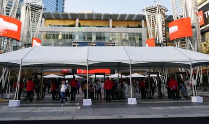 Apr 15, 2021; Los Angeles, California, USA; A security entrance point is set up outside Staples Center for spectators. Mandatory Credit: Gary A. Vasquez-USA TODAY Sports