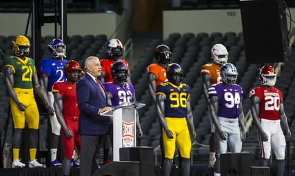 Jul 14, 2021; Arlington, TX, USA;  Big 12 Commissioner Bob Bowlsby speaks to the media during Big 12 media days at AT&T Stadium. Mandatory Credit: Kevin Jairaj-USA TODAY Sports