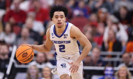 Mar 24, 2023; Louisville, KY, USA; Creighton Bluejays guard Ryan Nembhard (2) dribbles during the second half of the NCAA tournament round of sixteen against the Princeton Tigers at KFC YUM! Center. Mandatory Credit: Jordan Prather-USA TODAY Sports