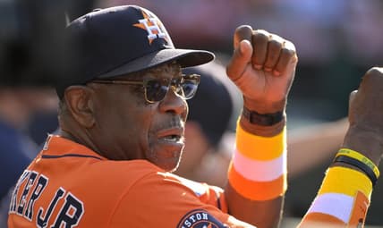Jul 16, 2023; Anaheim, California, USA;  Houston Astros manager Dusty Baker Jr. (12) gives signs from the dugout in the fifth inning against the Los Angeles Angels at Angel Stadium. Mandatory Credit: Jayne Kamin-Oncea-USA TODAY Sports