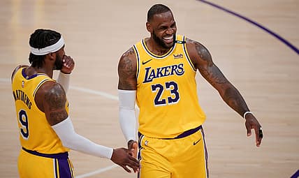 May 27, 2021; Los Angeles, California, USA; Los Angeles Lakers forward LeBron James (23) against the Phoenix Suns in the fourth quarter of game three in the first round of the 2021 NBA Playoffs at Staples Center. Mandatory Credit: Robert Hanashiro-USA TODAY Sports