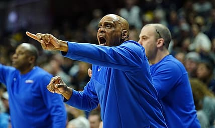 Mar 5, 2022; Storrs, Connecticut, USA; DePaul Blue Demons head coach Tony Stubblefield watches from the sideline as they take on the Connecticut Huskies in the first half at Harry A. Gampel Pavilion. Mandatory Credit: David Butler II-USA TODAY Sports