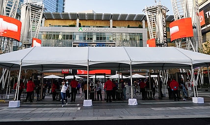 Apr 15, 2021; Los Angeles, California, USA; A security entrance point is set up outside Staples Center for spectators. Mandatory Credit: Gary A. Vasquez-USA TODAY Sports