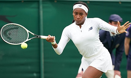 Jun 29, 2021; London, United Kingdom;  Coco Gauff (USA) in action Francesca Jones (GBR) in first round ladies singles on No. 2 court at All England Lawn Tennis and Croquet Club. Mandatory Credit: Peter van den Berg-USA TODAY Sports