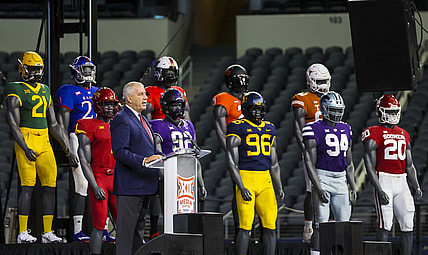 Jul 14, 2021; Arlington, TX, USA;  Big 12 Commissioner Bob Bowlsby speaks to the media during Big 12 media days at AT&T Stadium. Mandatory Credit: Kevin Jairaj-USA TODAY Sports