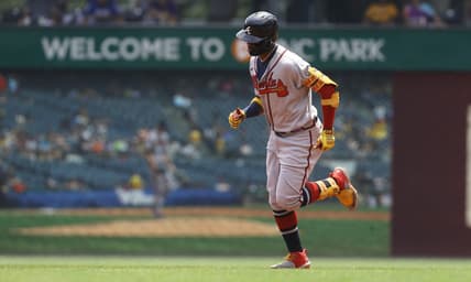 Jul 7, 2021; Pittsburgh, Pennsylvania, USA; Atlanta Braves right fielder Ronald Acuna Jr. (13) rounds the bases after hitting a solo home run against the Pittsburgh Pirates during the third inning at PNC Park. Mandatory Credit: Charles LeClaire-USA TODAY Sports