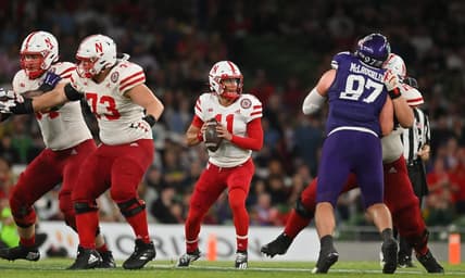 Aug 27, 2022; Dublin, IRELAND; Nebraska Cornhuskers quarterback Casey Thompson drops back to pass against Northwestern in the Aer Lingus college football series at Aviva Stadium. Mandatory Credit: Brendan Moran-USA TODAY Sports