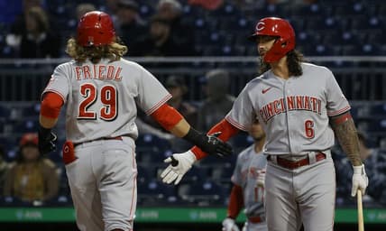Sep 26, 2022; Pittsburgh, Pennsylvania, USA; Cincinnati Reds second baseman Jonathan India (6) congratulates left fielder TJ Friedl (29) on his solo home run against the Pittsburgh Pirates during the third inning at PNC Park. Mandatory Credit: Charles LeClaire-USA TODAY Sports