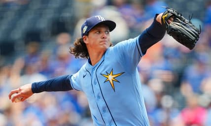 Jul 15, 2023; Kansas City, Missouri, USA; Tampa Bay Rays starting pitcher Tyler Glasnow (20) warms up during the first inning against the Kansas City Royals at Kauffman Stadium. Mandatory Credit: Jay Biggerstaff-USA TODAY Sports