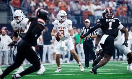 Dec 2, 2023; Arlington, TX, USA;  Texas Longhorns quarterback Quinn Ewers (3) looks to throw during the first quarter against the Oklahoma State Cowboys at AT&T Stadium. Mandatory Credit: Kevin Jairaj-USA TODAY Sports