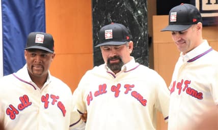 Adrian Beltre, Todd Helton and Joe Mauer (from left) visited the National Baseball Hall of Fame's plaque gallery in Cooperstown, New York, Thursday, Jan. 25, 2024, as the museum's newest electees. The trio's selection was announced Tuesday by the Baseball Writers Association of America.
