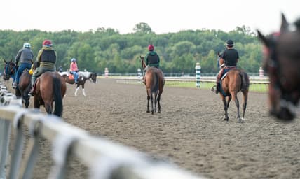 Riders take their horses out for training at Parx's Racetrack in Bensalem on Sept. 22, 2025.