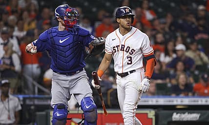 Sep 7, 2022; Houston, Texas, USA; Houston Astros shortstop Jeremy Pena (3) reacts after striking out during the third inning against the Texas Rangers at Minute Maid Park. Mandatory Credit: Troy Taormina-USA TODAY Sports