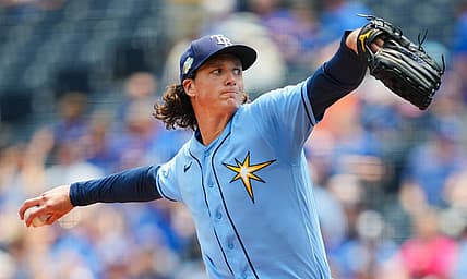 Jul 15, 2023; Kansas City, Missouri, USA; Tampa Bay Rays starting pitcher Tyler Glasnow (20) warms up during the first inning against the Kansas City Royals at Kauffman Stadium. Mandatory Credit: Jay Biggerstaff-USA TODAY Sports