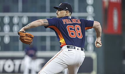 Sep 10, 2023; Houston, Texas, USA; Houston Astros starting pitcher J.P. France (68) pitches during the game against the San Diego Padres at Minute Maid Park. Mandatory Credit: Troy Taormina-USA TODAY Sports