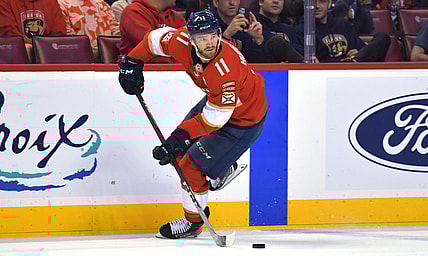 Apr 15, 2022; Sunrise, Florida, USA;  Florida Panthers left wing Jonathan Huberdeau (11) crosses the blue line during the second period against the Winnipeg Jets at FLA Live Arena. Mandatory Credit: Jim Rassol-USA TODAY Sports