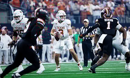Dec 2, 2023; Arlington, TX, USA;  Texas Longhorns quarterback Quinn Ewers (3) looks to throw during the first quarter against the Oklahoma State Cowboys at AT&T Stadium. Mandatory Credit: Kevin Jairaj-USA TODAY Sports
