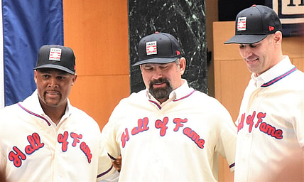 Adrian Beltre, Todd Helton and Joe Mauer (from left) visited the National Baseball Hall of Fame's plaque gallery in Cooperstown, New York, Thursday, Jan. 25, 2024, as the museum's newest electees. The trio's selection was announced Tuesday by the Baseball Writers Association of America.