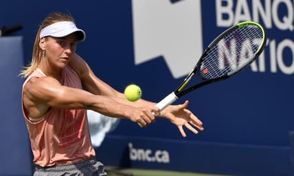 Aug 6, 2021; Montreal, Quebec, Canada; LiudmilaSamsonova of Russia practices on centre court prior to the start of the National Bank Open at Stade IGA. Mandatory Credit: Eric Bolte-USA TODAY Sports