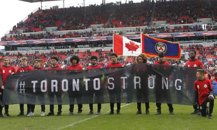 Apr 28, 2018; Toronto, Ontario, CAN; A Toronto Strong banner is held up before a game between the Chicago Fire and Toronto FC at BMO Field. Toronto and Chicago tied. Mandatory Credit: John E. Sokolowski-USA TODAY Sports