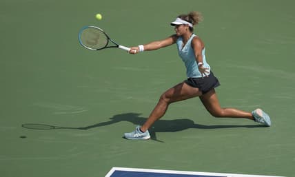 Aug 15, 2022; Cincinnati, OH, USA;  Mayar Sherif (EGY) returns a shot during her match against Elena Rybakina (KAZ) at the Western & Southern at the Lindner Family Tennis Center. Mandatory Credit: Susan Mullane-USA TODAY Sports